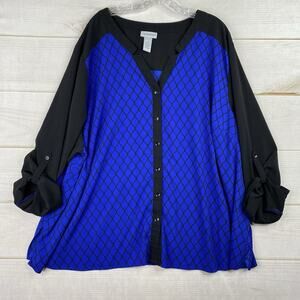 Catherines Tunic Top 4X Black Blue Button Up Roll Tab Sleeve Stretch V Neck
